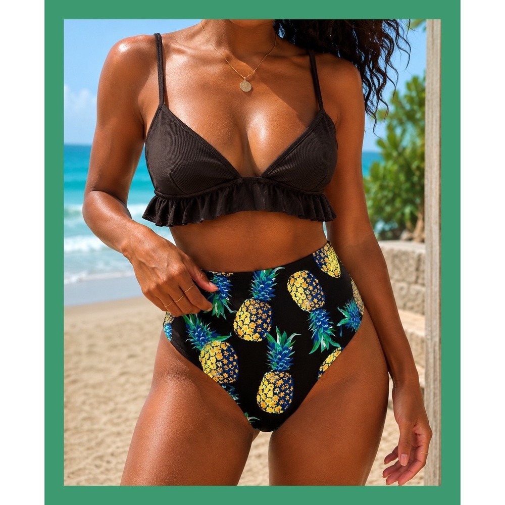 LL Queen Tropical Pineapple High Waisted Bikini Ruffle Top Retro Swimsuit Small